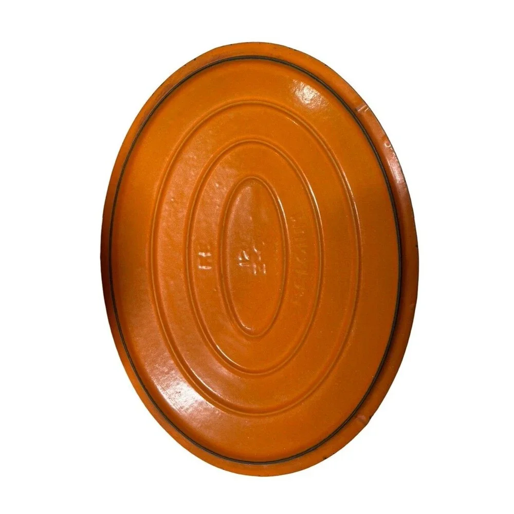 Vintage Flame Orange  Dutch Oven 4 Quart Enamel Cast Iron Oval Belgium MCM